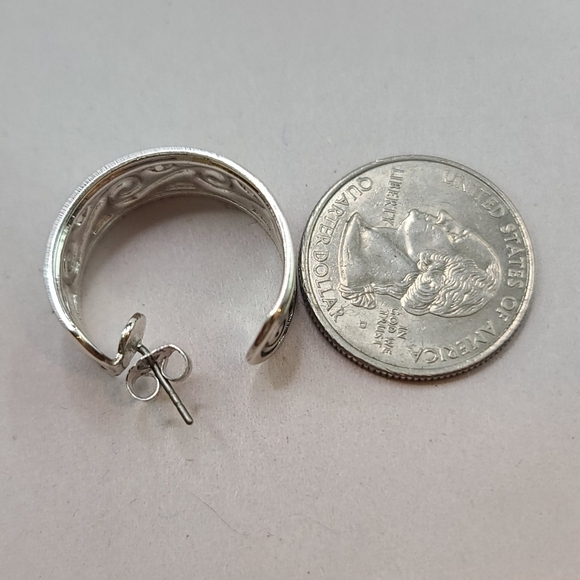 Silver Tone Scrolled Design Pierced Hoop Earrings - Picture 3 of 3